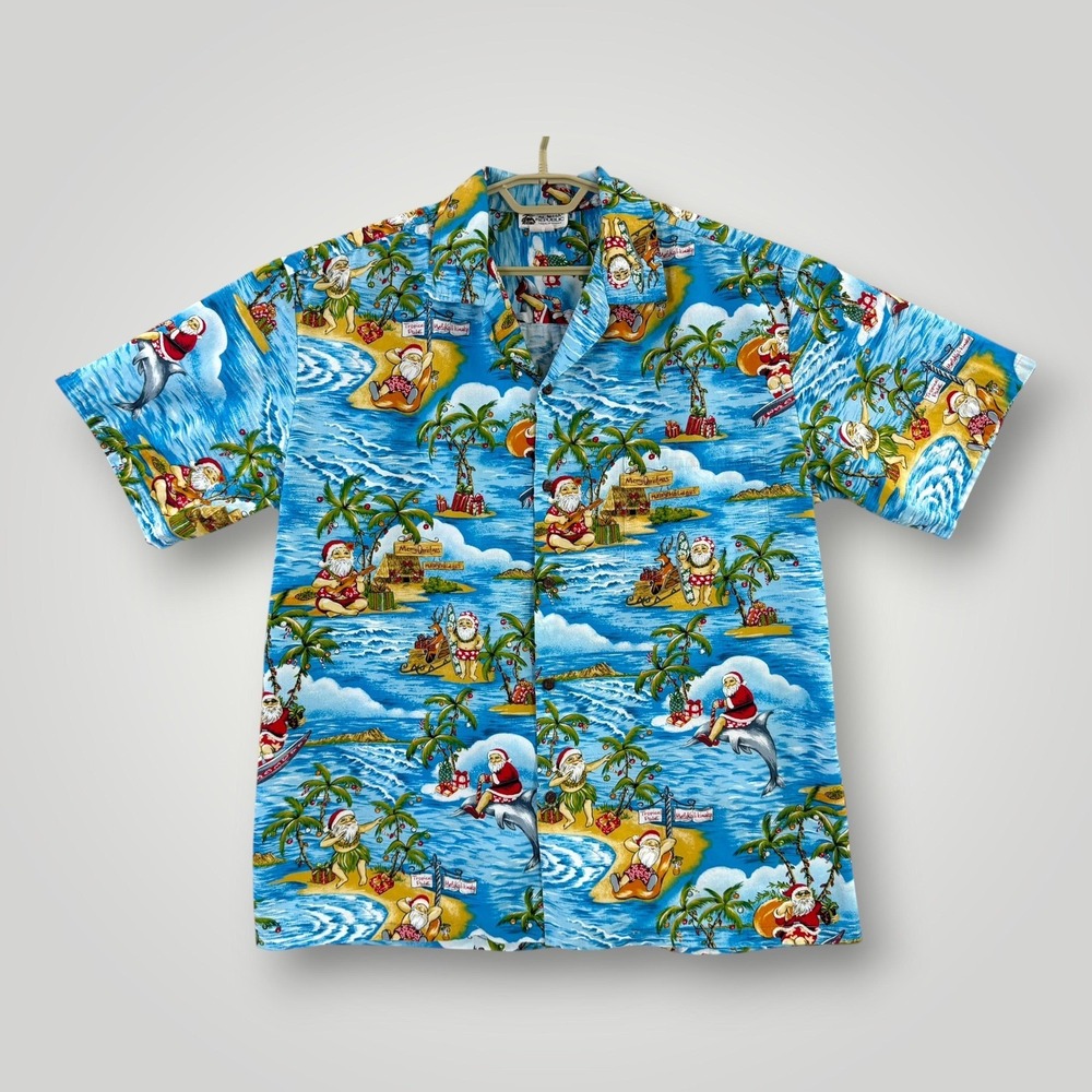 Aloha Republic Shirt Mens XL Blue Santa Hawaiian Christmas Button Up Holiday USA